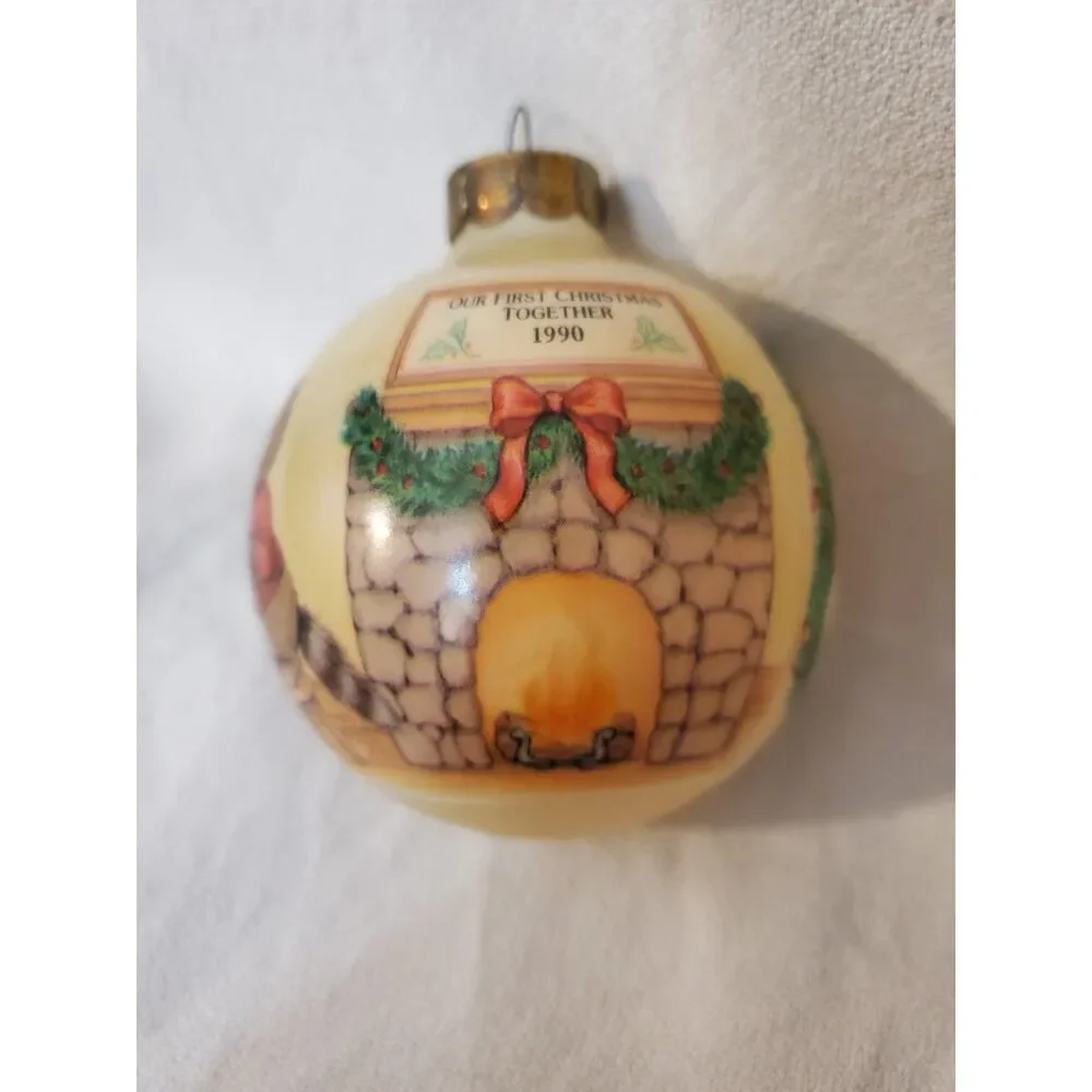 Hallmark 1990 Keepsake Ornament Our First Christmas Together Glass Ball Raccoons